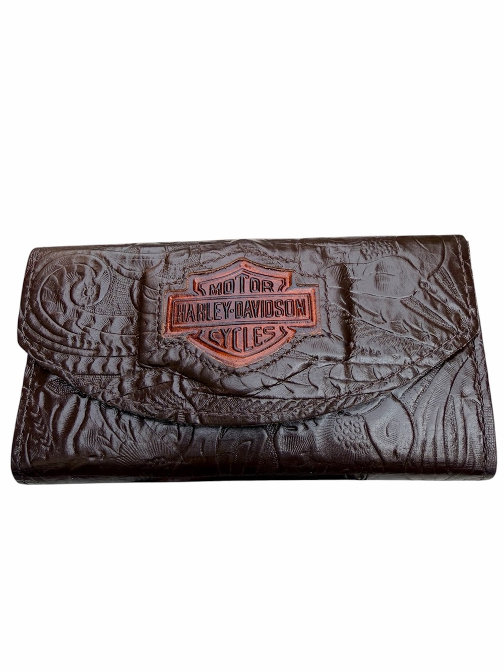 Vintage Y2K HARLEY DAVIDSON Brown Tooled Carved Leather Wallet Unisex Style